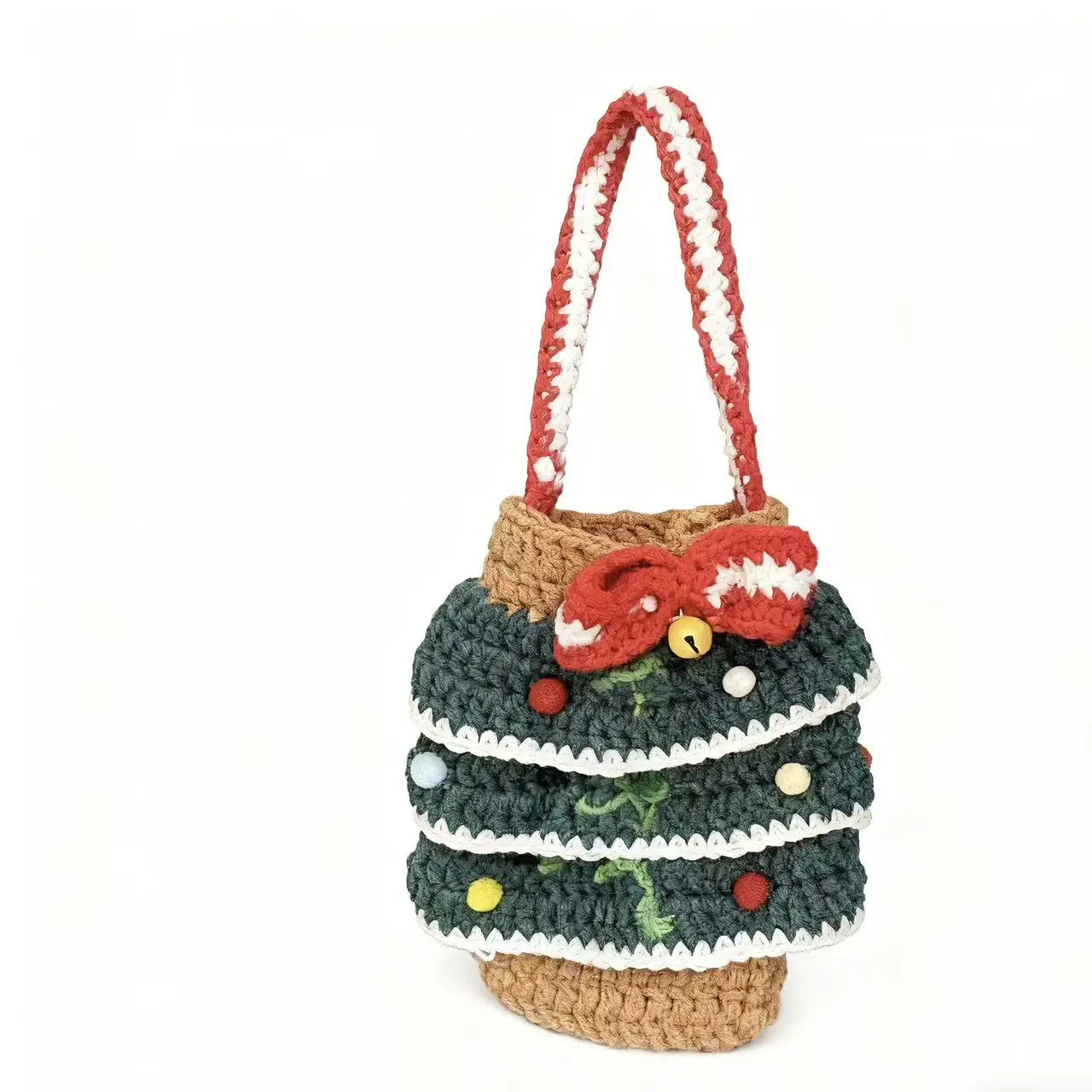 Christmas Phone Bag in Cute Tree Shape, Festive Knitted Fabric Purse with Ornaments Embroidered for Women's Holiday Parties, Casual, Lightweight
