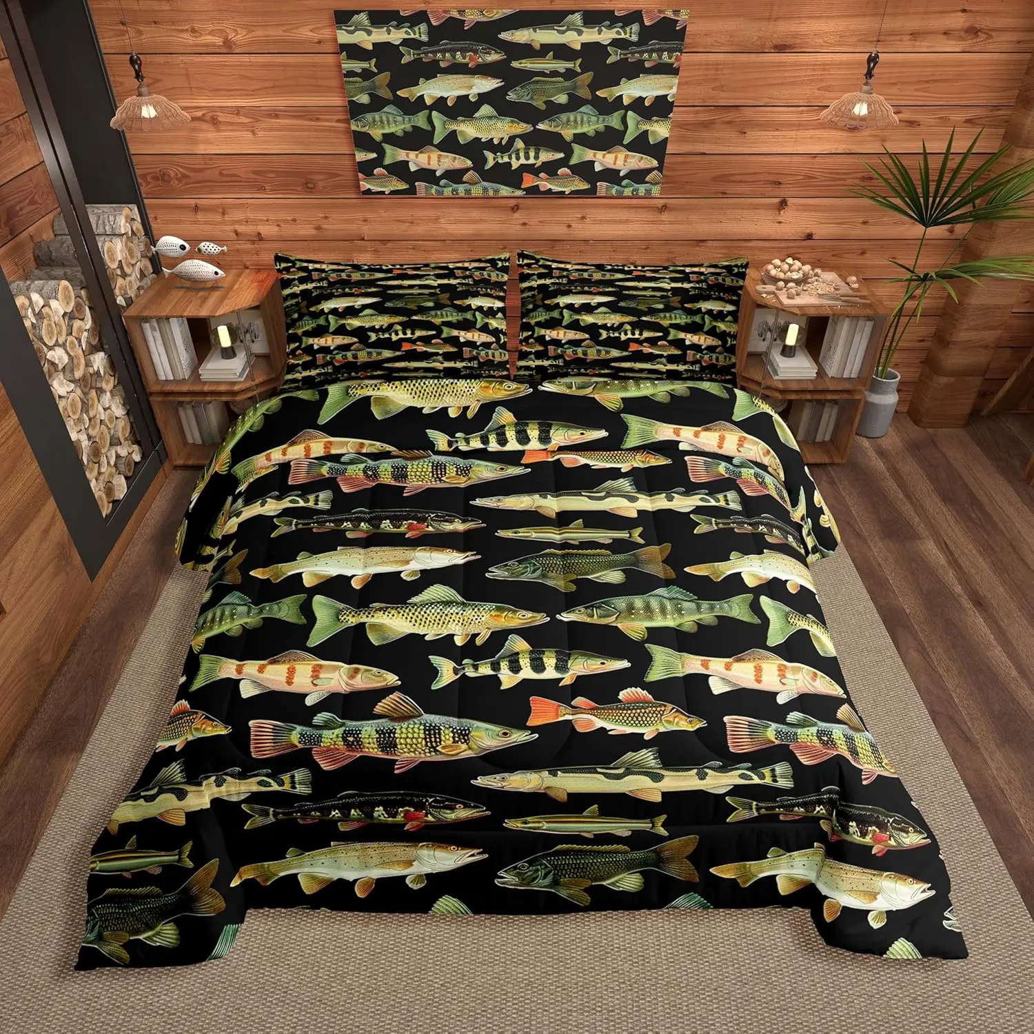 Feelyou Vintage Pike Fish Bed Comforter Set - Breathable Soft Decorative Queen Duvet Set for Men, Fishing & Hunting Themed Room Decor, Breathable Duvet Set