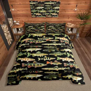 Fishing Comforter Set,Vintage Pike Fish Bedding Set,Room Decor Fishing and Hunting Comforter,Women Men Duvet Set