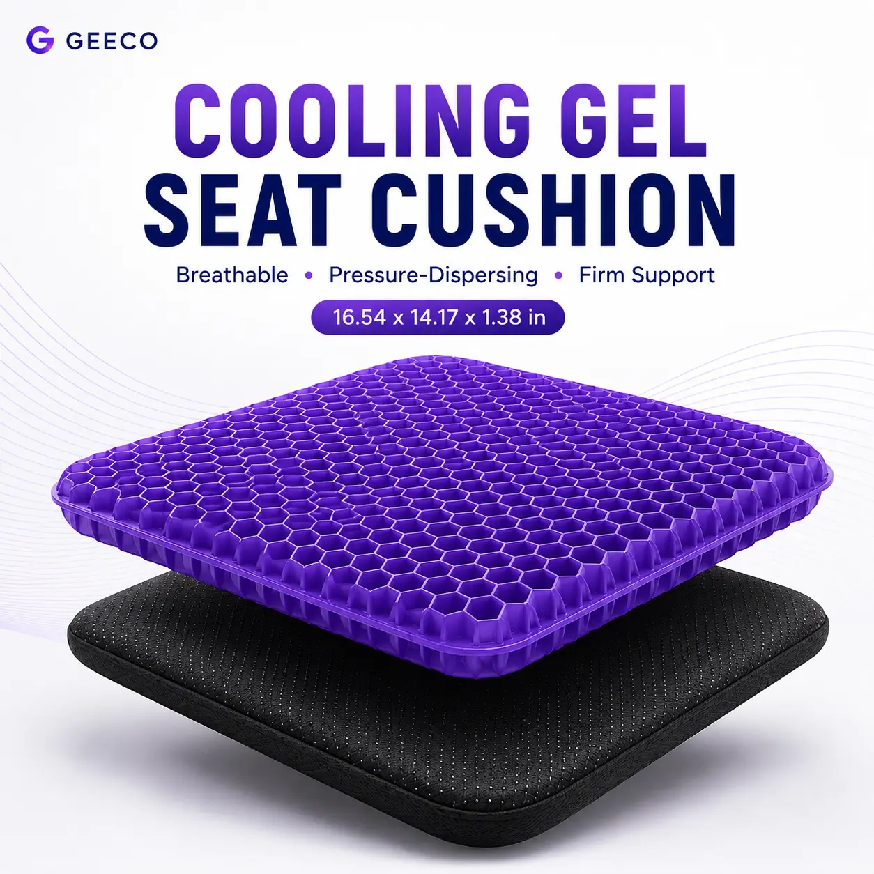GEECO Firm Purple Gel Seat Cushion, Honeycomb Cooling & Breathable Chair Pad with Non-Slip Washable Cover, 16.54 x 14.17 x 1.38 in for Office Chair, Car, Truck & Home