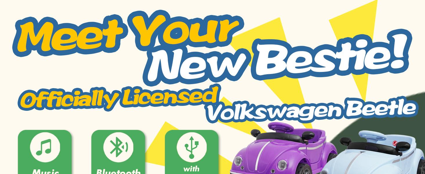 12V Battery-Powered Kids Vintage Beetle Ride-On Car - 2.4G Remote Control, Anti-Tip Design, LED Headlights, Bluetooth USB, Adjustable Speed, Adjustable Safety Seat Belt for 2-4 Years, Backyard Lawn Fun & Children Development
