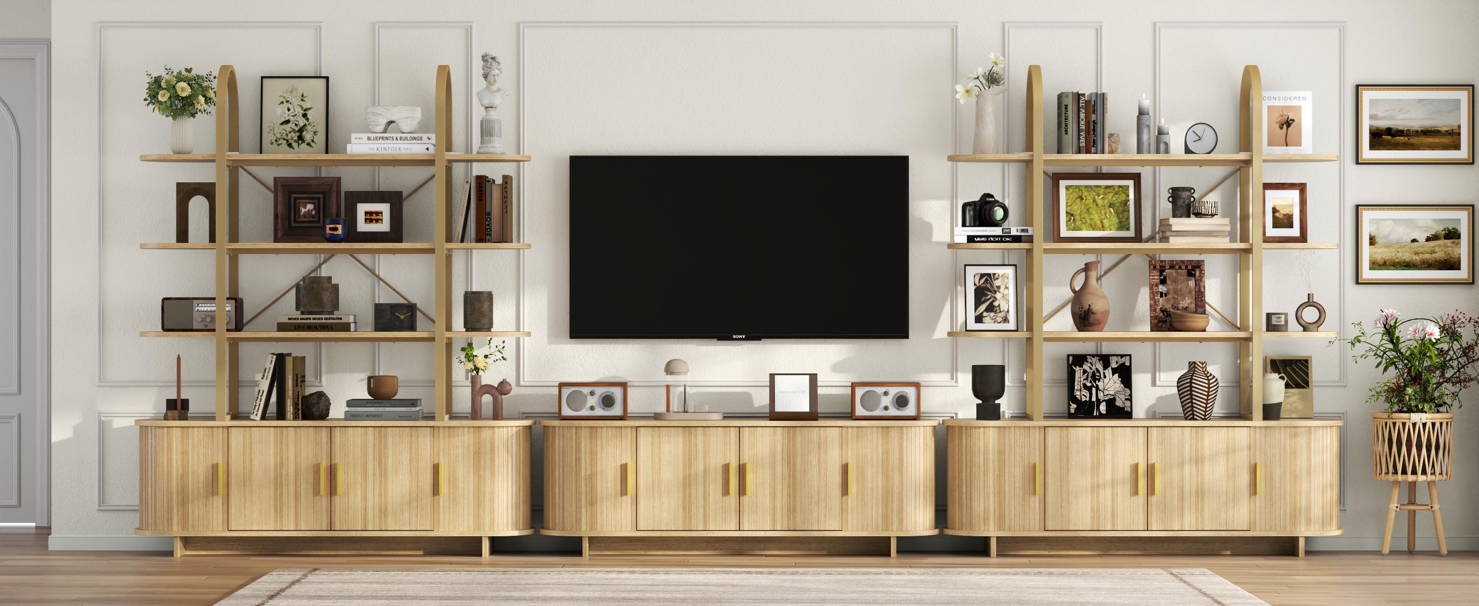 Mid-Century Modern Curved Bookcase, 4-Tier Fluted Arched Bookshelf with Sliding Tambour Doors and Closed Storage Cabinet, Multi-Functional Wide Display Cabinet, Freestanding Book Organizer for Living Room, Bedroom, Home Office(1pc))