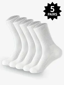 5 pairs of men's white mid-calf socks, comfortable and soft white athletic socks, long white socks, solid color Plain minimalist design, all-season style.
