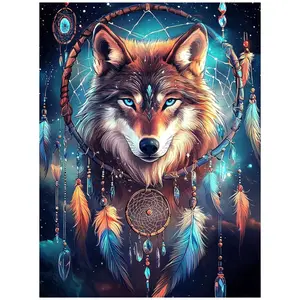 Starry Sky Dreamcatcher Wolf Head Vibrant Blue Eyed Wolf with Feather Crystal Dreamcatcher Diamond Painting 5D DIY Diamond Painting Kit Full Drill Square Round Diamonds Embroidery Cross Stitch Art Craft Home Wall Decor Unique Art Gift