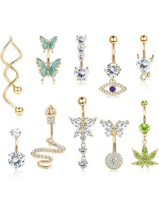 Durable 10 Pcs Golden Retro 14G Belly Button Bars Diverse Copper Surgical Stainless Steel Navel Piercings for Women Men Dangle Cubic Zirconia Navel Rings Trendy Snake Butterfly Dangle Belly Bar