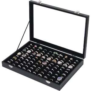 Ring Holder Organizer Box,  Display Case, Earring Necklace Storage Tray With Top Glass Lid (Black, 100 Slots)