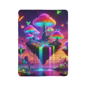 NEON Floating Mushrooms Island with Waterfalls Fleece Sherpa Blanket
