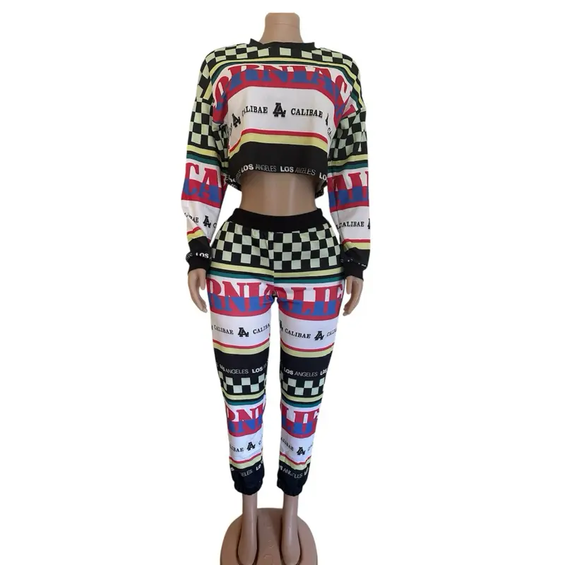 Fashion Nova Black Multi Graphic Checkerboard Crop Top & Jogger Set for Womenswear Clothes