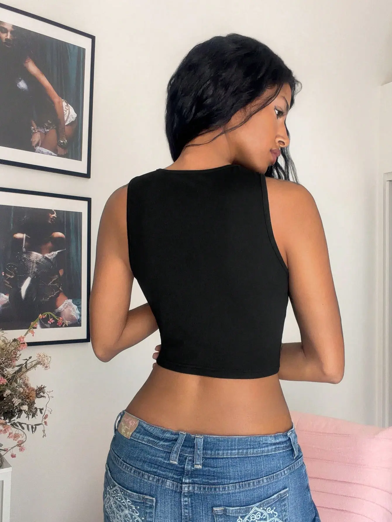 Women’s Black Hollow-Out Crop Top - Metal Detail Sleeveless Y2K Summer Club Going Out Top, metal detail top, sleeveless club top, Y2K going out top, summer party top, cutout black top