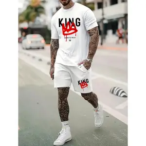 Only Selling Short Sleevesking And Crown Pattern Print, 2pcs Men'S Comfortable, Fashionable Versatile Sleeved T-Shirt Shorts Set, Cool, Lightweight, Comfortable in  Perfect Father'S Day Gift to Commemorate Independenc Clothes Cotton Fabric Menswear