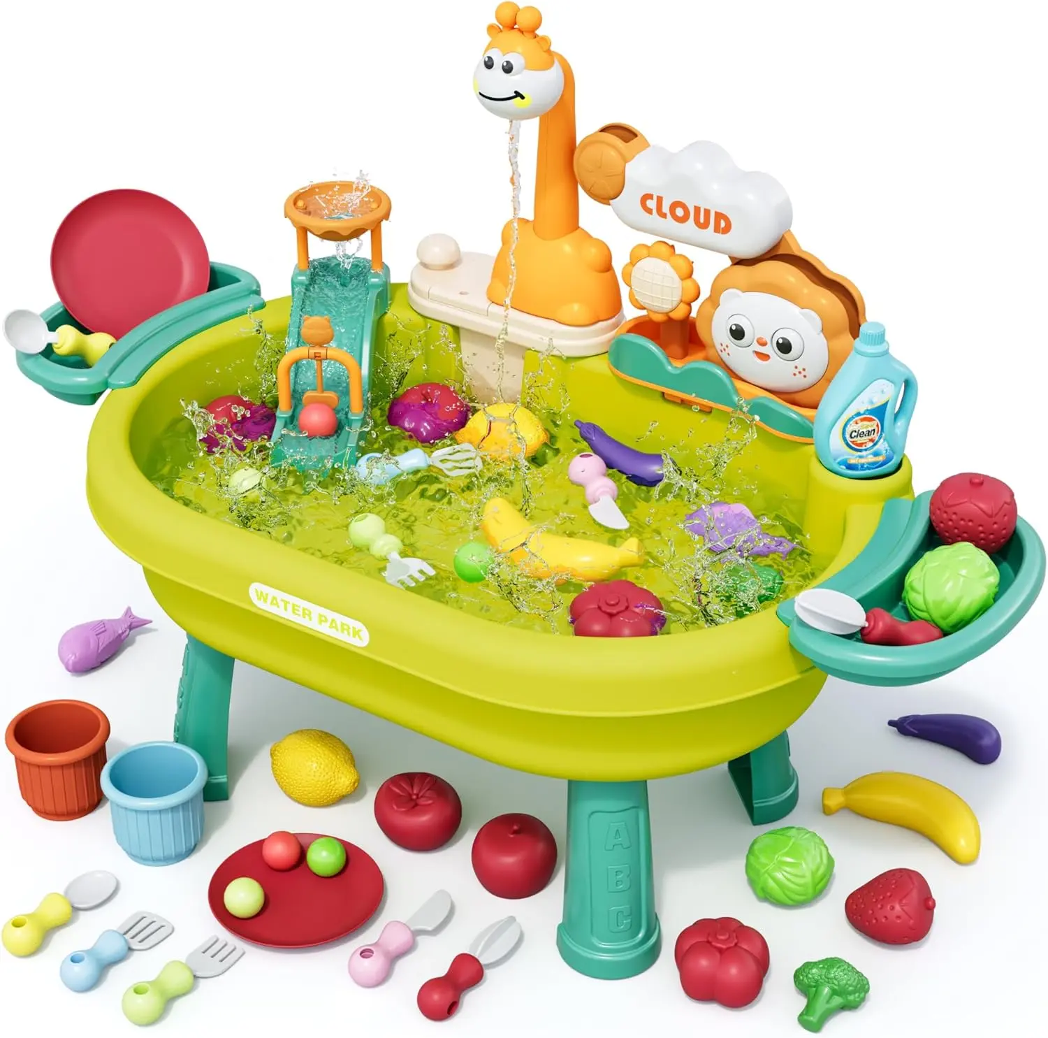 New Kids Sand & Water Table Toys for Toddlers, Kids Water Park Play Kitchen Sink with Running Water,Giraffe Electric Faucet,Water Rolling Game,Detachable Legs Toddler Summer Toy for Boys Girls