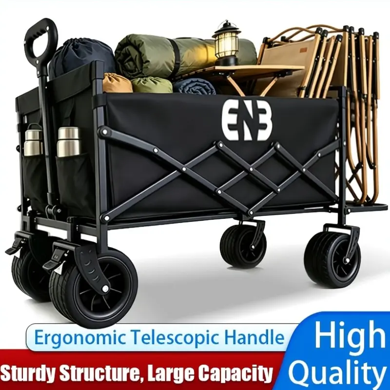 The ENB Upgraded Folding Multi-Purpose Cart, featuring extra-large storage space, non-slip tires, and a sturdy handle, is a versatile outdoor cart ideal for camping, picnics, shopping, gardening, moving, and tailgate parties. Garden Cart