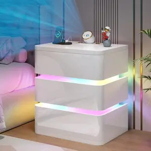 Dystler 3-Drawer Nightstand With Charging Station And Motion Sensor Rgb Light, Curved Profile Design, No Assembly Required