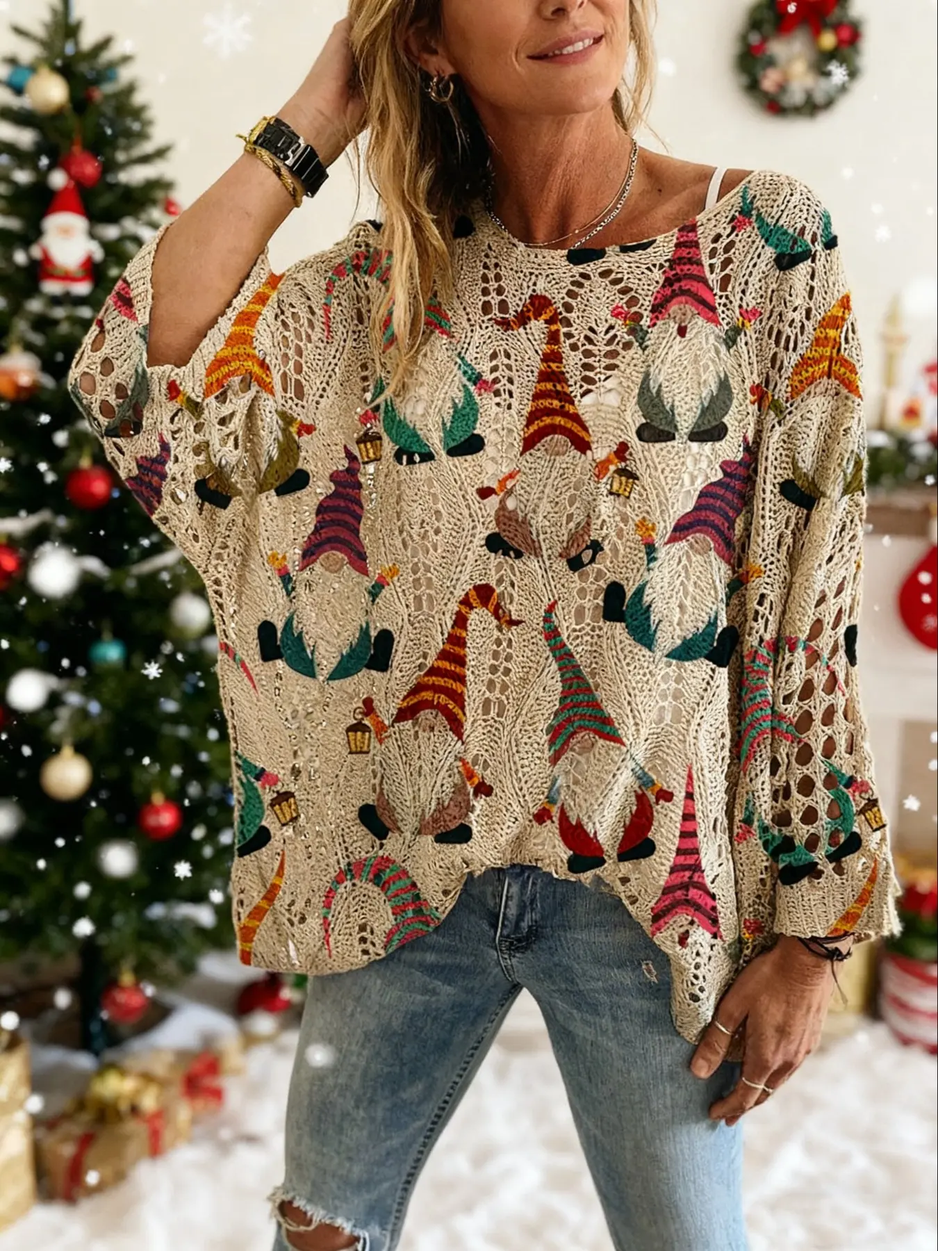Women's Christmas Print Knit Top, Long Sleeve Batwing V Neck Loose Fit, Casual Elegant Holiday Wear, Ladies Sweater Vest for Winter Knitwear