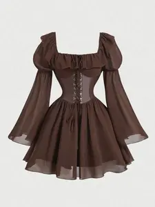 Brown Chiffon Patchwork A-Line Dress with PU Waist – Vintage Flare Sleeve Ruffle Dress for Fall, Semi-Formal & Fairycore Style