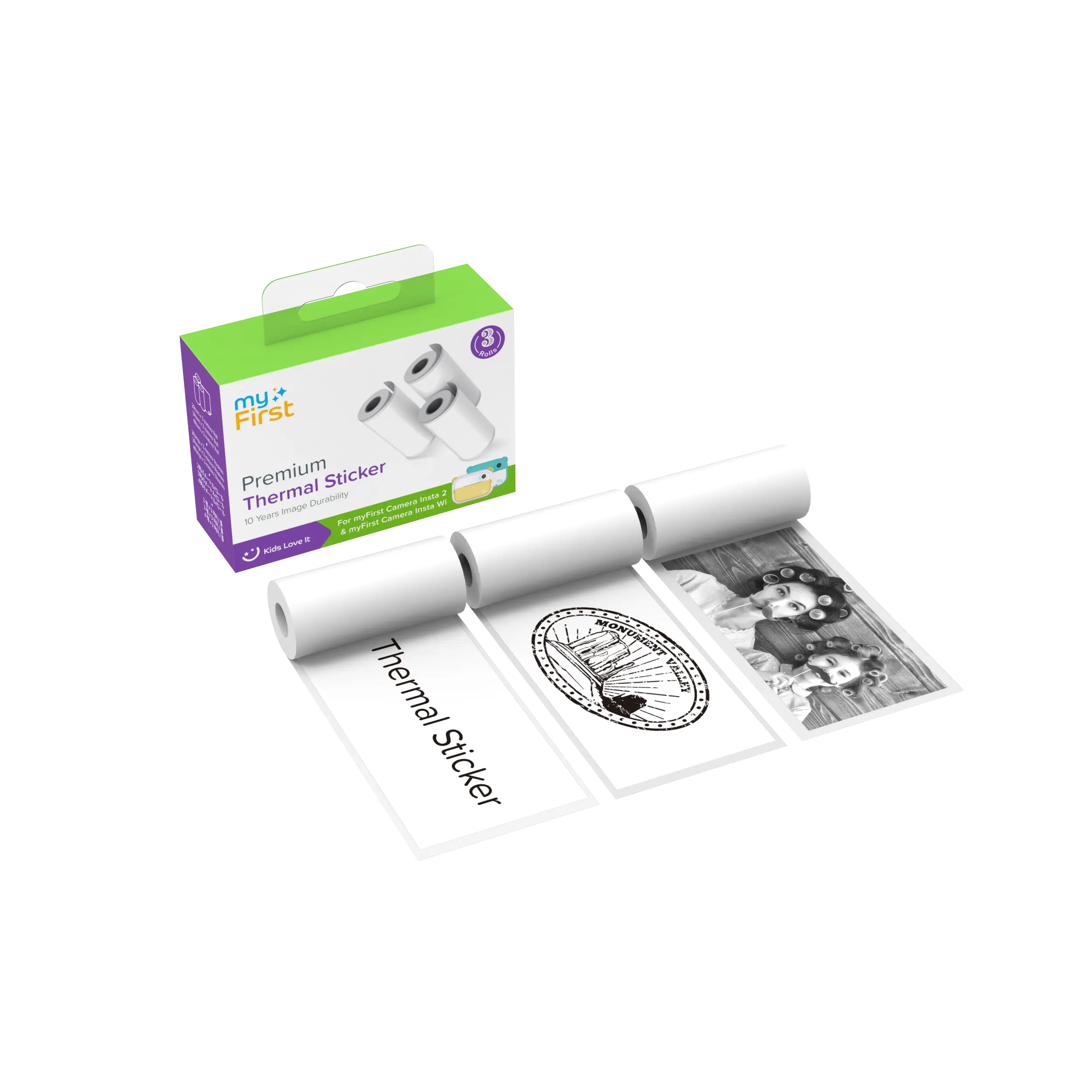 myFirst Thermal Printer Stickers Refill - 3-Pack Smooth Paper (30 Sheets/Roll, 57mm x 26mm, High Density, BPA-Free) for myfirst Camera Insta 2/Wi/20 Instant Cameras (Free End Roll), 3 Rolls Of Thermal Sticker