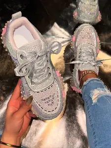 Women's Sparkling Crystal & Gem Decorated Sporty Casual Shoes, Fashion Thick Sole Flat Shoes, Comfortable Laced Flat Shoes, Lace Up Platform, Large Sizes Available
