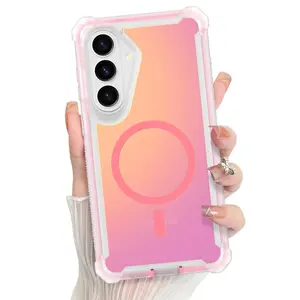 HISTORYOO 2 in 1 double layer Case for Samsung Galaxy S26 Ultra S25 Plus S24 FE S23 S22 Color Changing Laser Dazzling Magnetic Gradient Cover + PC Front Frame For MagSafe Fashion Cute Protective Shock-Absorbent Bumper Matte Fluorescent Iridescent Cover