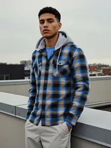 Men’s Hooded Flannel Shirt-Casual Streetwear Plaid Jacket Oversized Hoodie Shacket for Fall