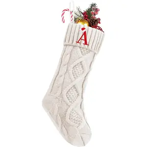 Personalized Christmas Stockings with Initials, 18 Inches Large Embroidered Monogrammed Cable Knit Christmas Stocking for Family, Xmas Holiday Party Gifts & Decoration for Fireplace(White,Letter A)