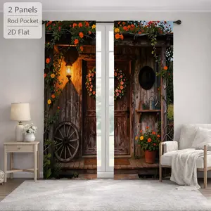2Pcs Rustic Farmhouse Cabin Door Floral Vine Sun Blocking Curtains Digital Printed Rod Pocket, Window Treatment For Bedroom Office Kitchen Living Room Study Home Decor