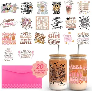 20 Sheets Coffee UV DTF Cup Wrap -Ice Coffee Theme DTF Cup Wraps for 16 oz Glass Mugs, UV DTF   Rub on Transfer Stickers DIY Mug Glasses Crafting