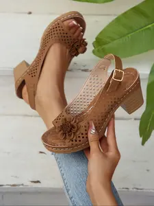 Women's Summer Wedge Sandals, PU Leather Floral Hollow Out Design, Round Toe Medium Width Casual Shoes, All-Season High Heel Roman Style