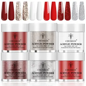 Crystal Nail Powder Set - Featuring 6 Vibrant Shades Including Burgundy Red, Rose Berry Red, Shiny White, And Silvery, Perfect for Both Salon Use And Beginners, No Nail Lamp Required.