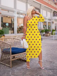 Elegant One Shoulder Dress, Polka Dot Print, Sexy Ball Gown, Long Evening Party Dress, Single Sleeve Design, Perfect for Special Occasions, Formal Wear, Womenswear