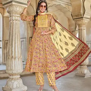 Ethnic Touch Women's Cotton Anarkali Dress - Casual Style with Dupatta, Heavy Printed Cotton, Fancy Embroidery Work, Sizes S to 5XL