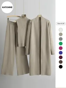 Trendy Knit Turtle Neck Tank & Wide Leg Trousers with Open-front Long Cardigan Three-piece Clothes Sets, Casual Womenswear, Long Sleeve