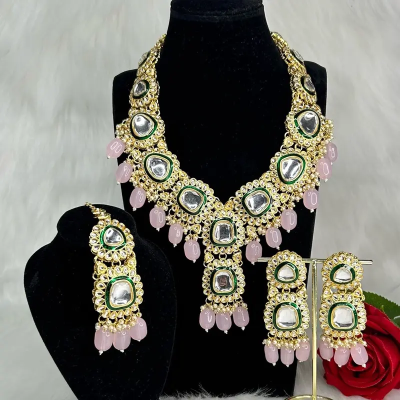 Desi Bollywood Semi Bridal Collar Style Kundan Necklace with Earrings and Tikka Set