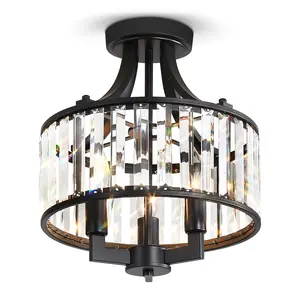Black Crystal Chandelier, 3 Light Modern Dining Room Lighting Fixture, Semi Flush Mount Ceiling Chandelier, D12XW12XH14, E12 Socket, Bedroom, Hallway, Living Room, Foyer