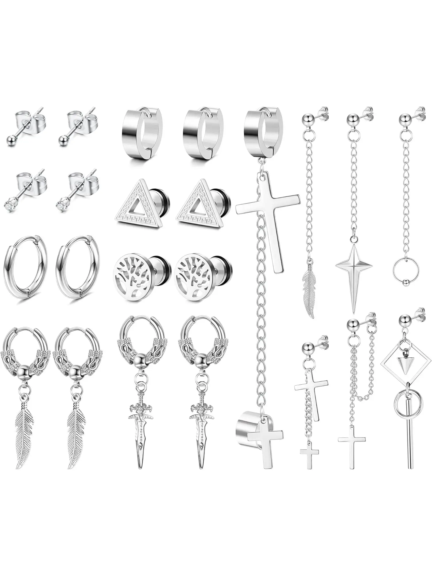 23 Pcs Earrings for Men Silver Stud Hoop Dangle Earrings for Mens Boys Tiny Ball Barbell Studs Cartilage Earrings Stainles Steel Earrings Set for Him High Quality Earrings