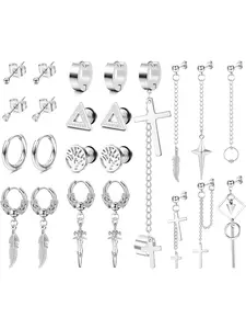 23 Pcs Earrings for Men Silver Stud Hoop Dangle Earrings for Mens Boys Tiny Ball Barbell Studs Cartilage Earrings Stainles Steel Earrings Set for Him High Quality Earrings