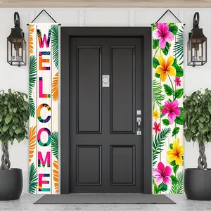 Tropical Welcome Porch Banner Set, Summer Hibiscus Flower Door Banner, Hawaiian Luau Floral Palm Leaf Front Door Decor, Colorful Tropical Party Hanging Banner, Seasonal Outdoor Yard Decorations for Spring Summer