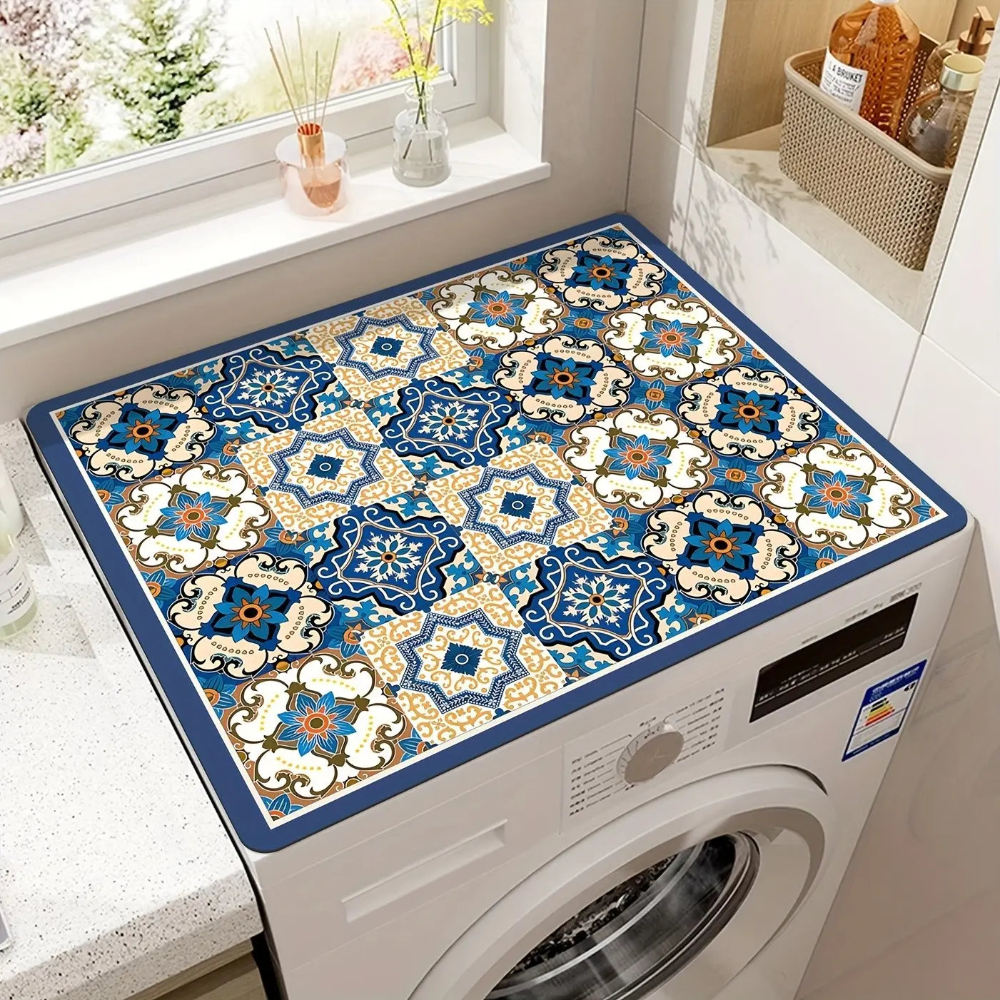 Vibrant Retro Mosaic Washing Machine Cover, Water Resistant Cover, Waterproof Covers, Laundry Room Decor, Waterproof & Durable Diatomaceous Earth Material, 23.62" X 19.69", Colorful Floral Patterns, Kitchen