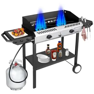 Bestfire 150,000 BTU Dual-Burner Propane Stove | Outdoor Camping Stove with Side Shelves & Windpanel, Auto-Ignition & Regulator, for Outdoor Cooking and Frying