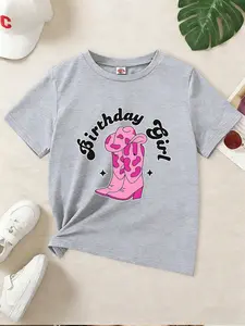 Girls' Birthday Cowgirl Boots Print T-Shirt, Cute Leopard Boot Pattern, Comfortable Soft Fabric, Kids Casual Fashion