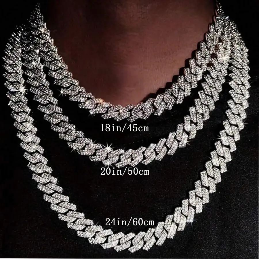 Full Diamond Cuban Chain Necklace - 3/5/7/9/11mm, 16-30 Inch (16inch,20inch Included), Men's Jewelry, Chains for Women, Casual Everyday Large Water Drop Choker Collar, Black Personalized Birthday Anniversary Gift Jewelry, Elegant, Unisex Jewelry, Chain &
