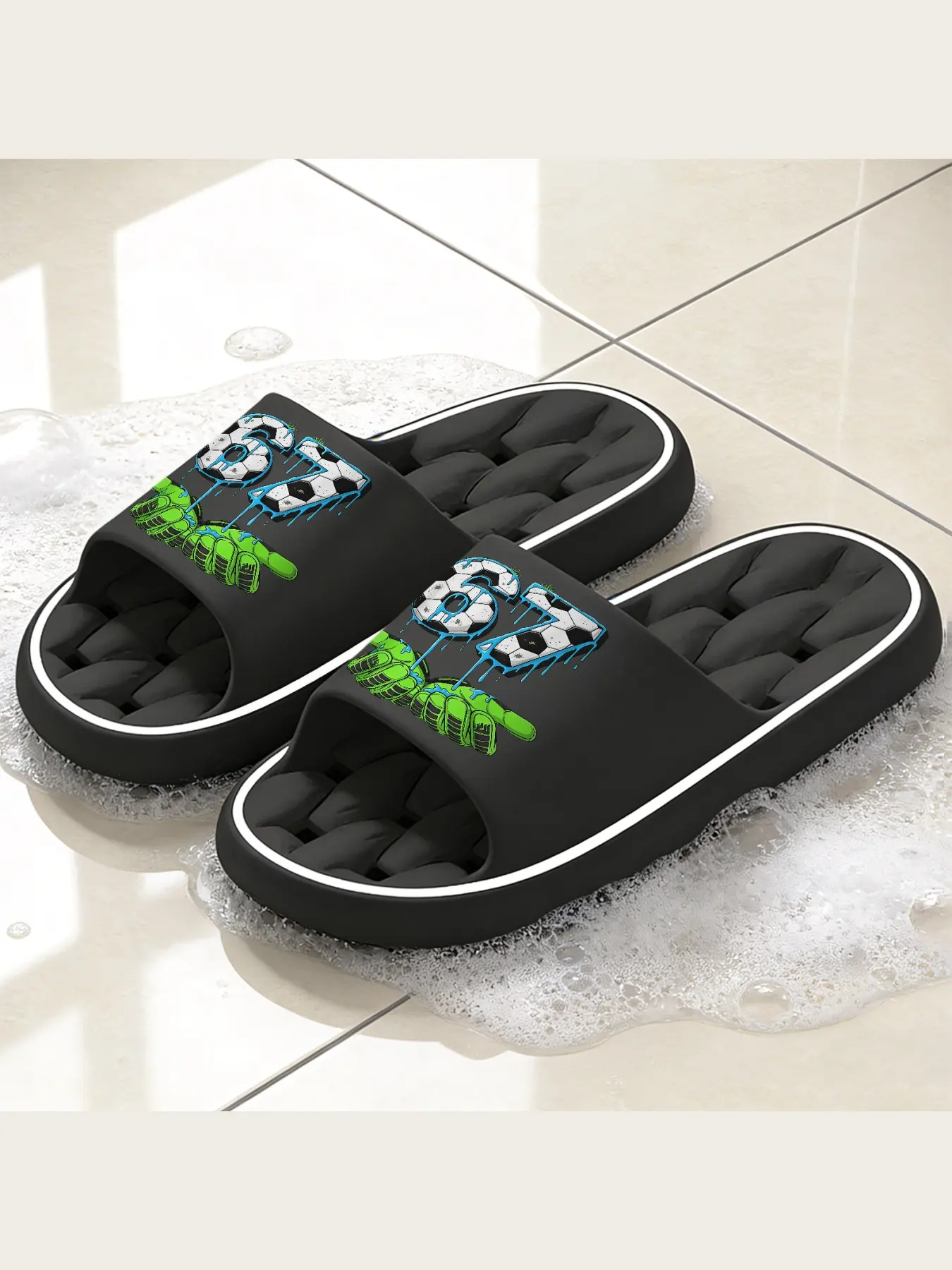 Soccer Goalkeeper Slide Sandals, Non Slip Soft EVA Cushioned Slippers with Fun Graffiti 67 Football Graphic, Breathable Lightweight Indoor Outdoor Shower Slides for Sports Soccer Fans Men Teen Boys, Casual Comfort Slip On House Sl