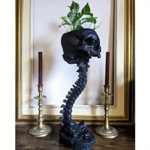 Gothic Resin Skull Planter with Spine Support, Realistic Skeleton Pot for Indoor Home Office Decor, Halloween Horror Theme Decoration