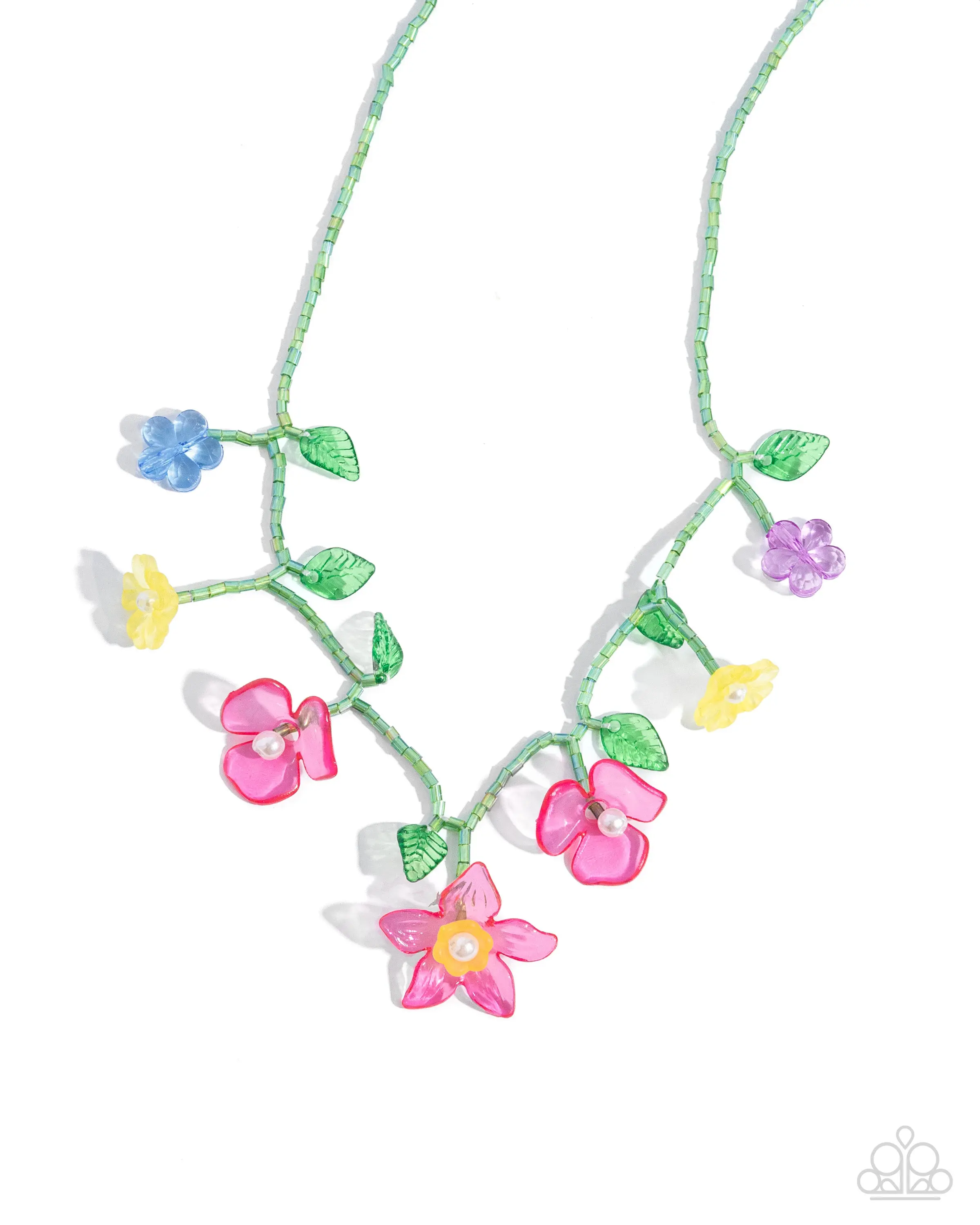 Gourmet Garden - Pink Colorful Resin Flower Green Seed Bead Short Necklace - Paparazzi