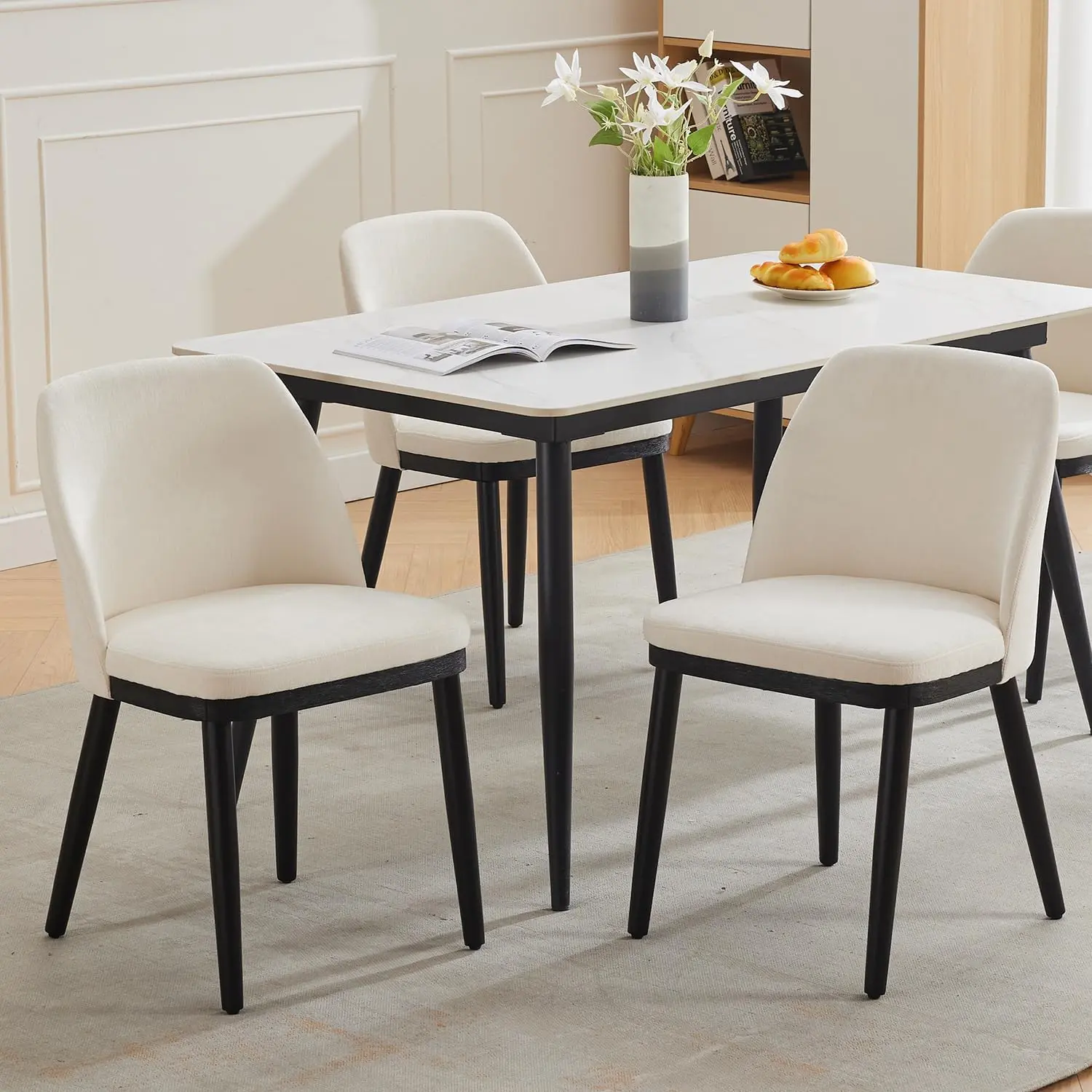 Garvee 2-piece linen dining chair set, Scandinavian kitchen chair with padded seat & wooden legs, armless dining chair for dining room, kitchen, living room (77 x 51 x 48 cm, beige)