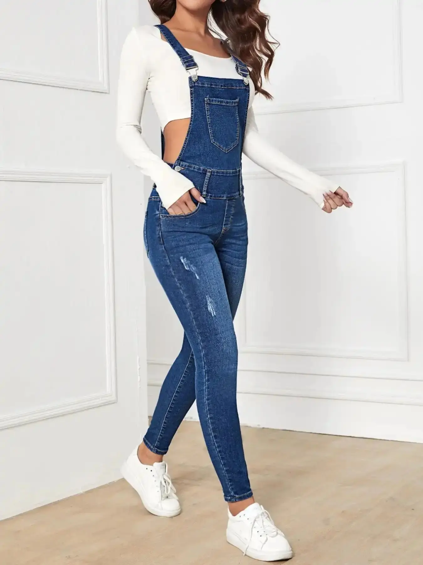 Elegant Adjustable Strap Elastic Denim Workwear Jumpsuit Overalls Everyday Outfits, Loose-Fitting Casual Style, Spring & Fall Fashion, Plain Pattern, Winter Layers, Multipurpose, Basic Solid, one-piece wonder