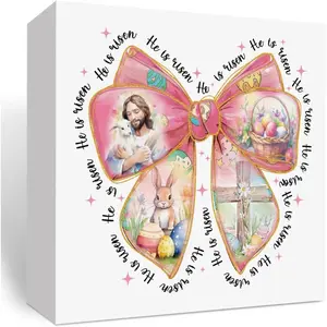 Christian Easter Decor, Easter Coquette Bow Decor, Easter Jesus Decor Easter Retro Cross Decor Easter Eggs Decor, Wooden Box Decor for Rustic Home Bedroom Living Room Table Shelf Office 5x5inch
