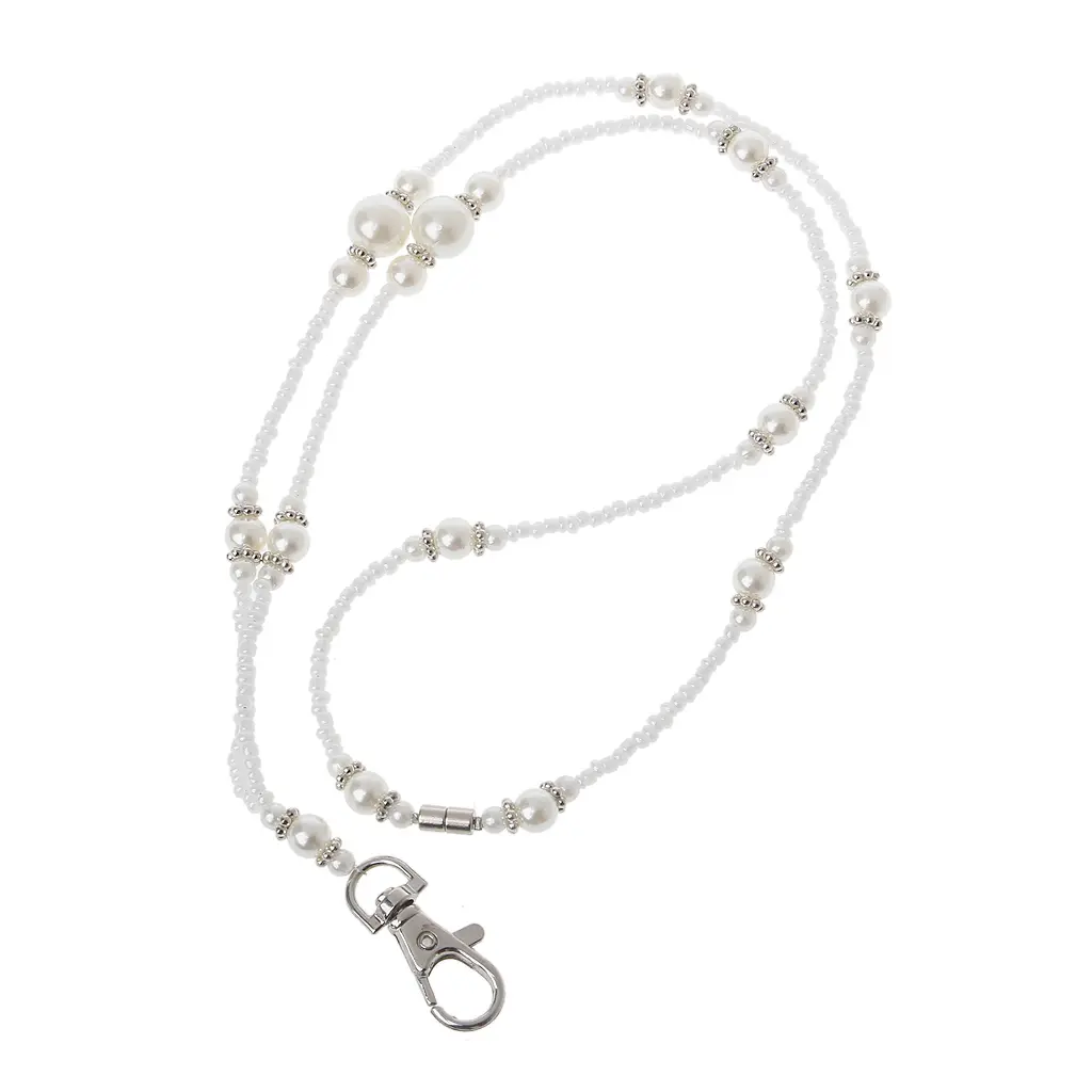 Simple Pearls Bead Chain ID Badge Holder Lanyard Necklace with Magnetic Clasp