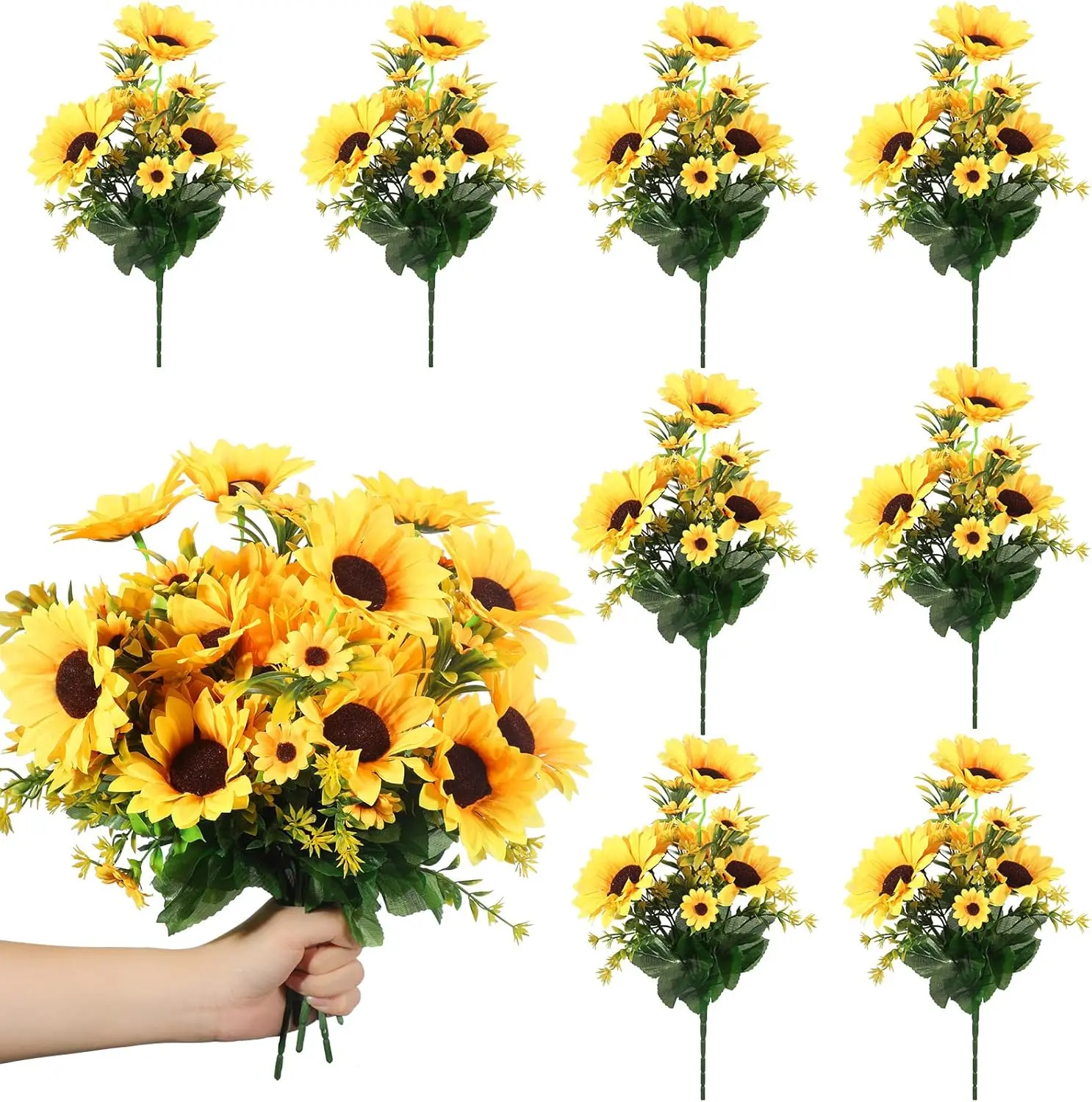 8 Packs Artificial Sunflowers with Stems Silk  Sunflowers Bouquet Bulk Yellow Wedding Faux Flower Bunches for Wedding Party Decoration Vase Home (Fresh Style)