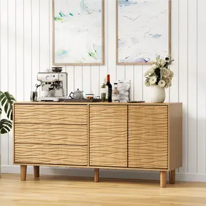 Garvee 61" Mid Century Sideboard Buffet Cabinet with Undulating Groove Design, Large Storage Cabinet with 3 Drawers, 2 Push-to-Open Doors, Adjustable Shelf, Accent Console Table for Living Room- Teak Brown