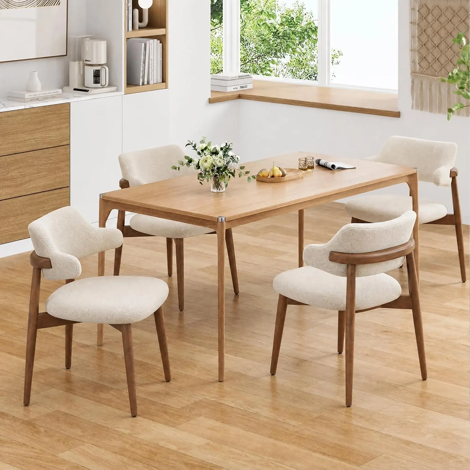 Sepnine Upholstered Dining Chairs Set of 4, Wooden Dining Room Chairs with Unique Arm Design, Comfortable Farmhouse Kitchen Chairs for Small Spaces & Apartments, Beige